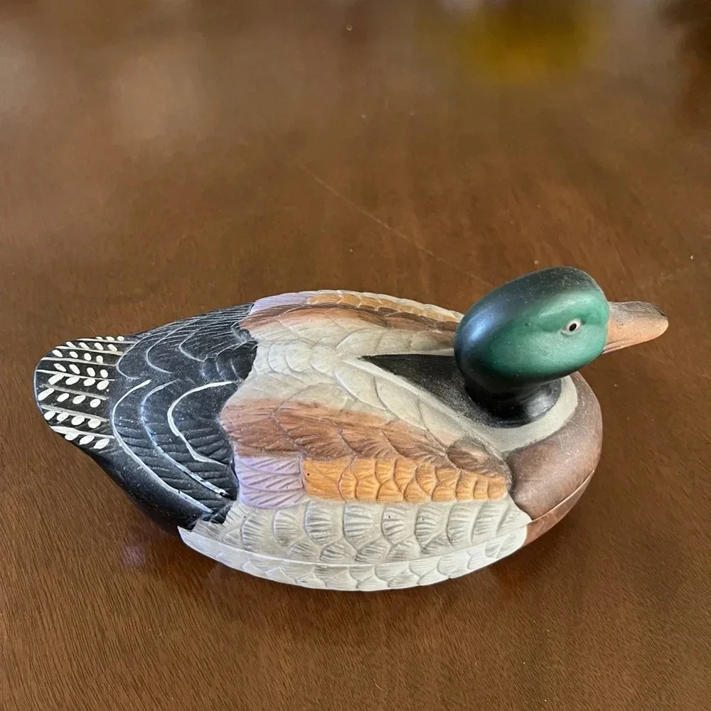 Ceramic Porcelain Hand painted Mallard Duck Figurine Trinket Jewelry Box 8.5”